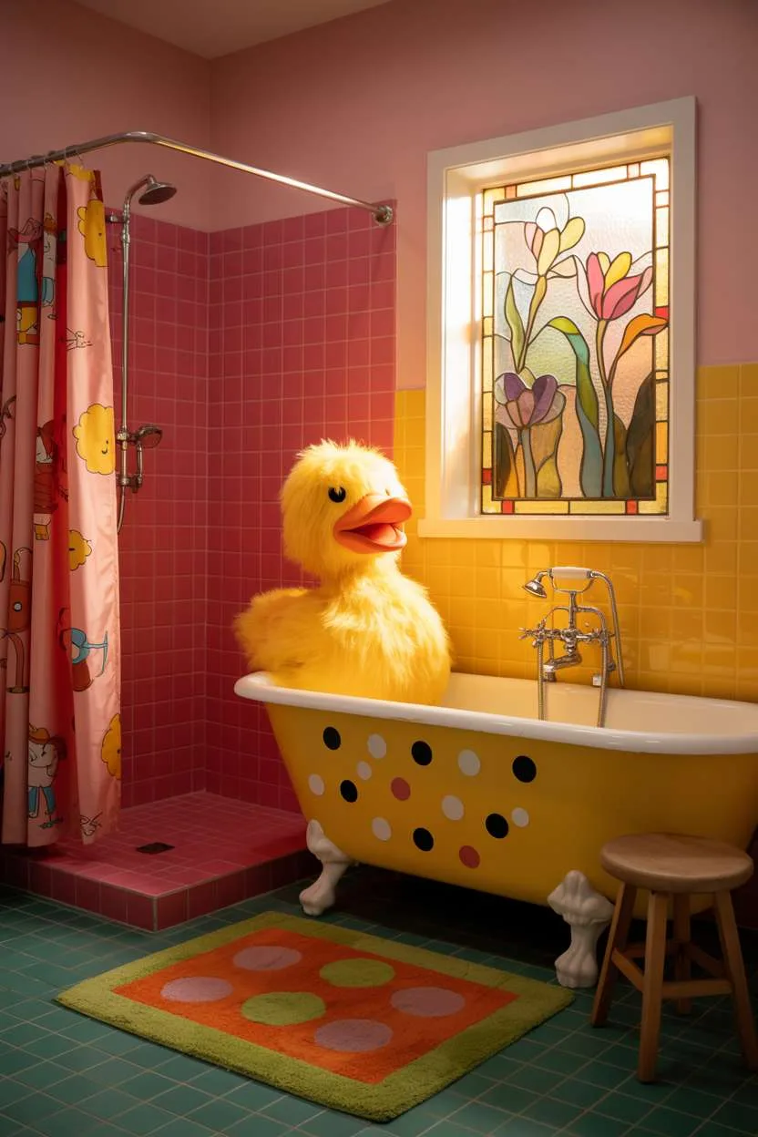 Children's bathroom with pink and yellow polka dot tiles and oversized rubber duck