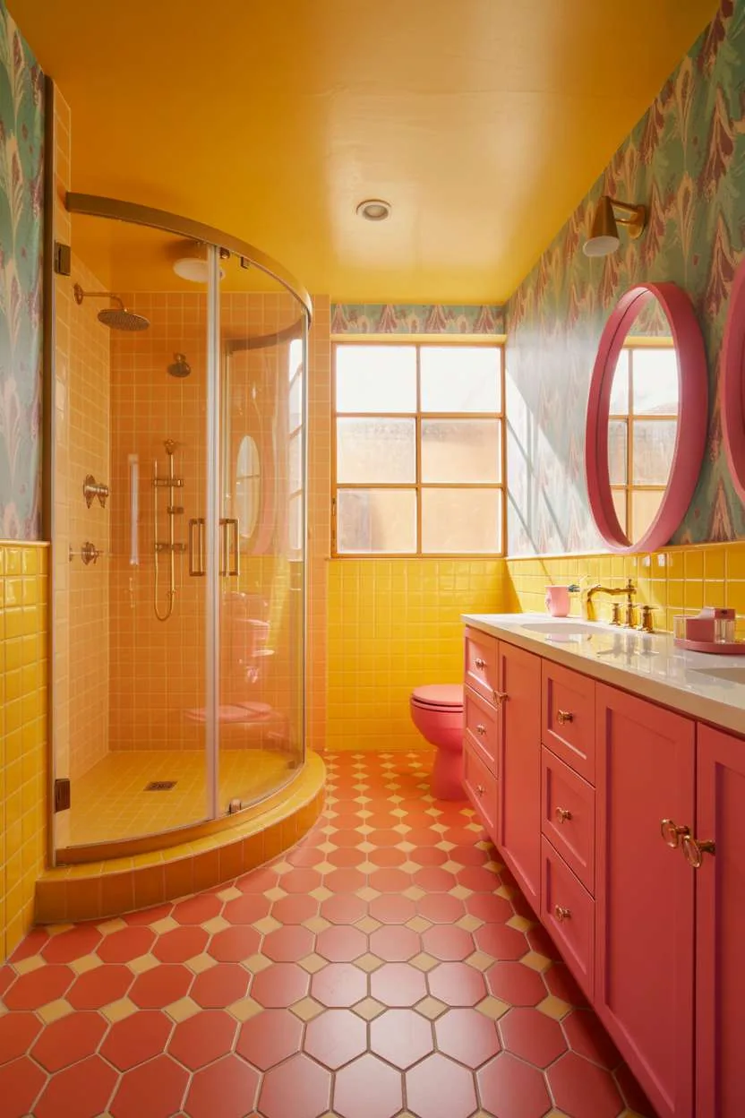 Bathroom with curved glass shower and orange tiles