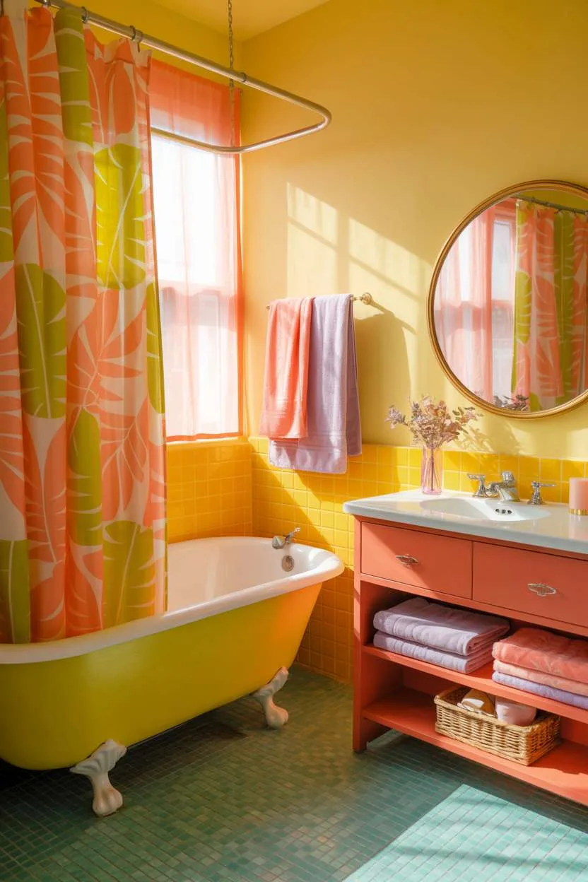 Yellow walls with teal mosaic floor and tropical leaf shower curtain
