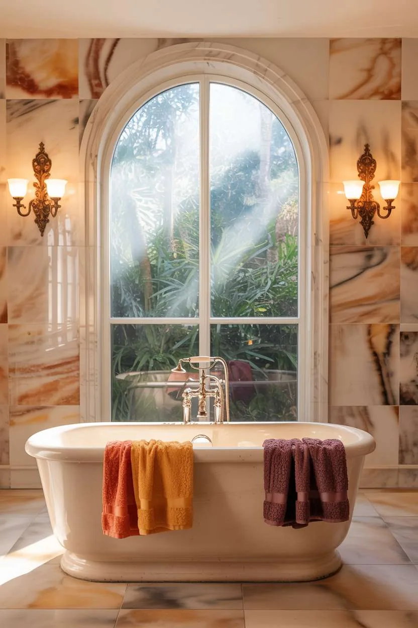 Luxury bathroom with marble walls and colorful towels