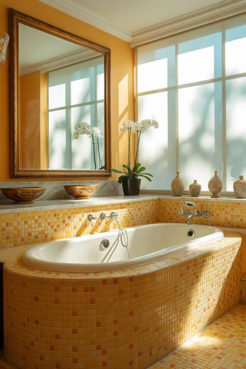 Luxury bathroom with freestanding tub and warm mosaic tiles