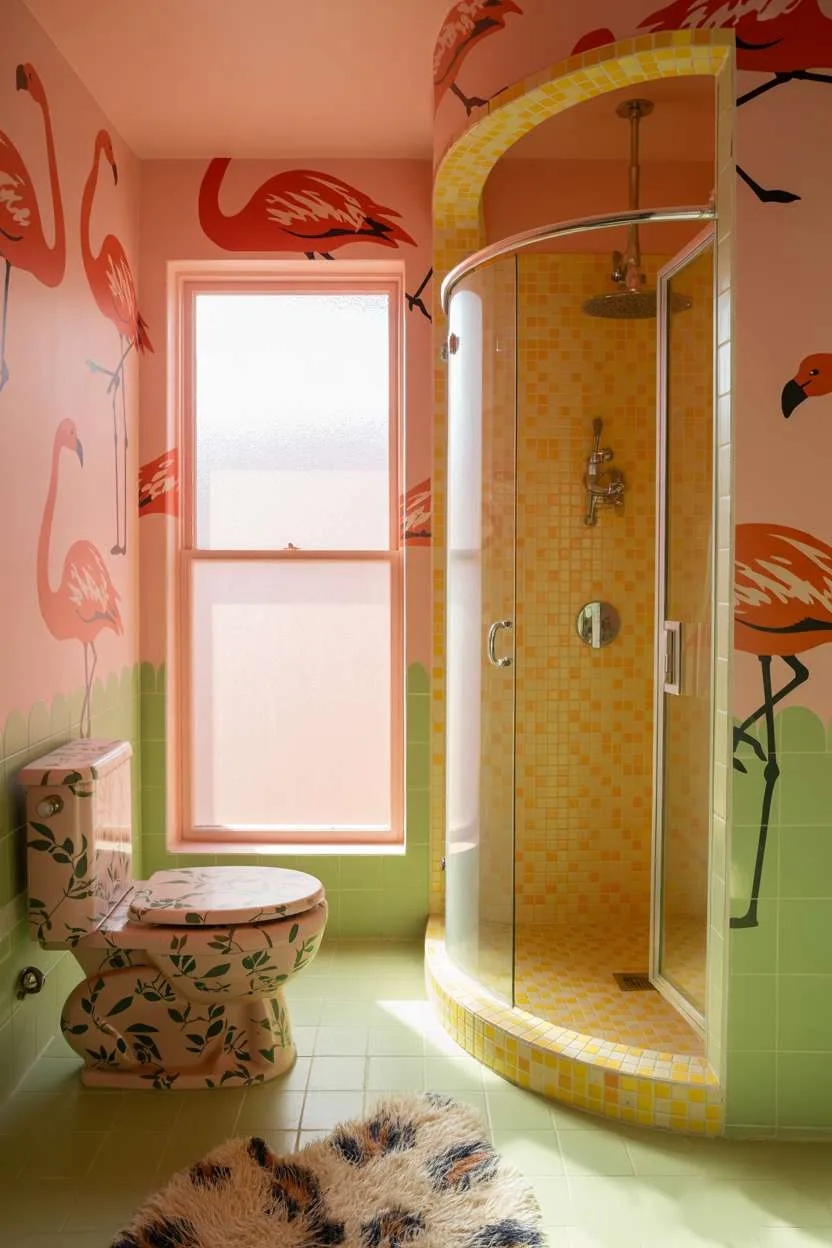 Bathroom with pink flamingo wallpaper and colorful mosaic shower