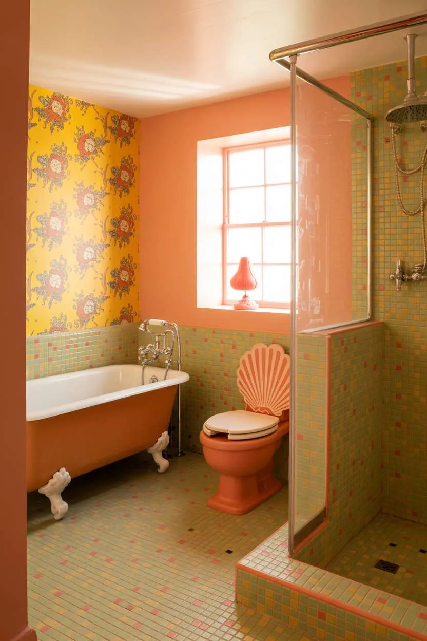Bathroom with yellow floral wallpaper and coral seashell toilet