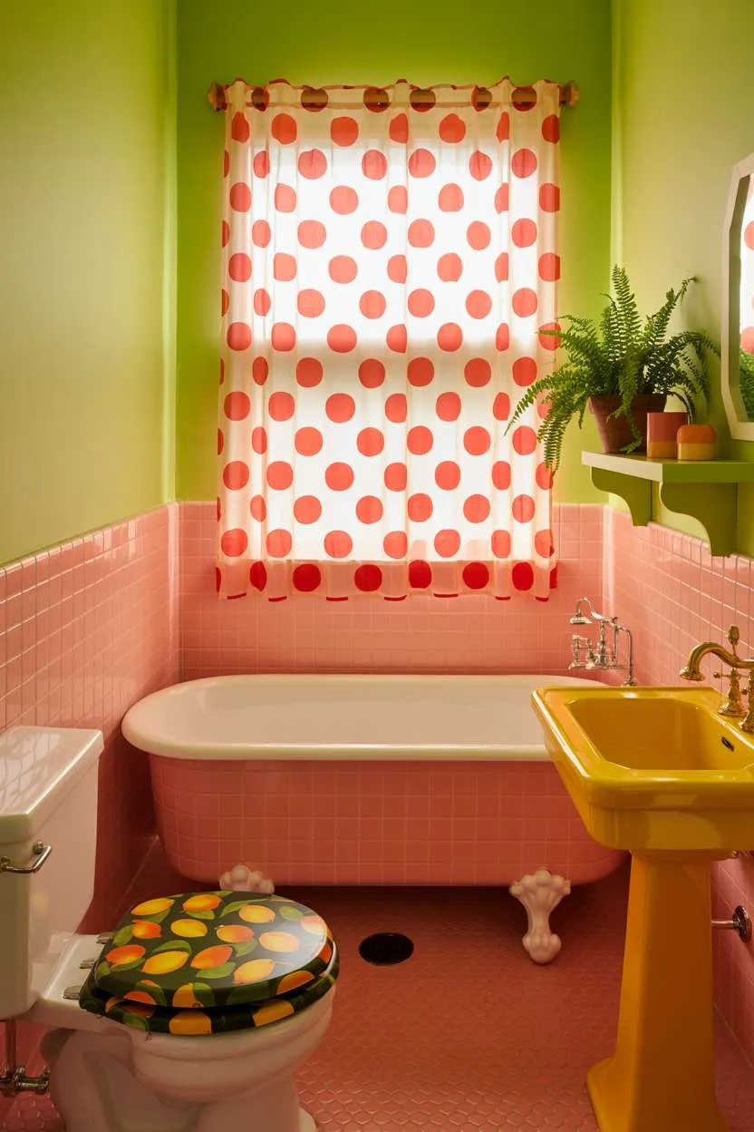 Bathroom with pink-tiled clawfoot tub and lemon-patterned toilet seat