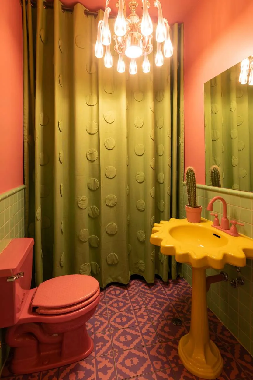 Bathroom with decorative chandelier and colorful fixtures