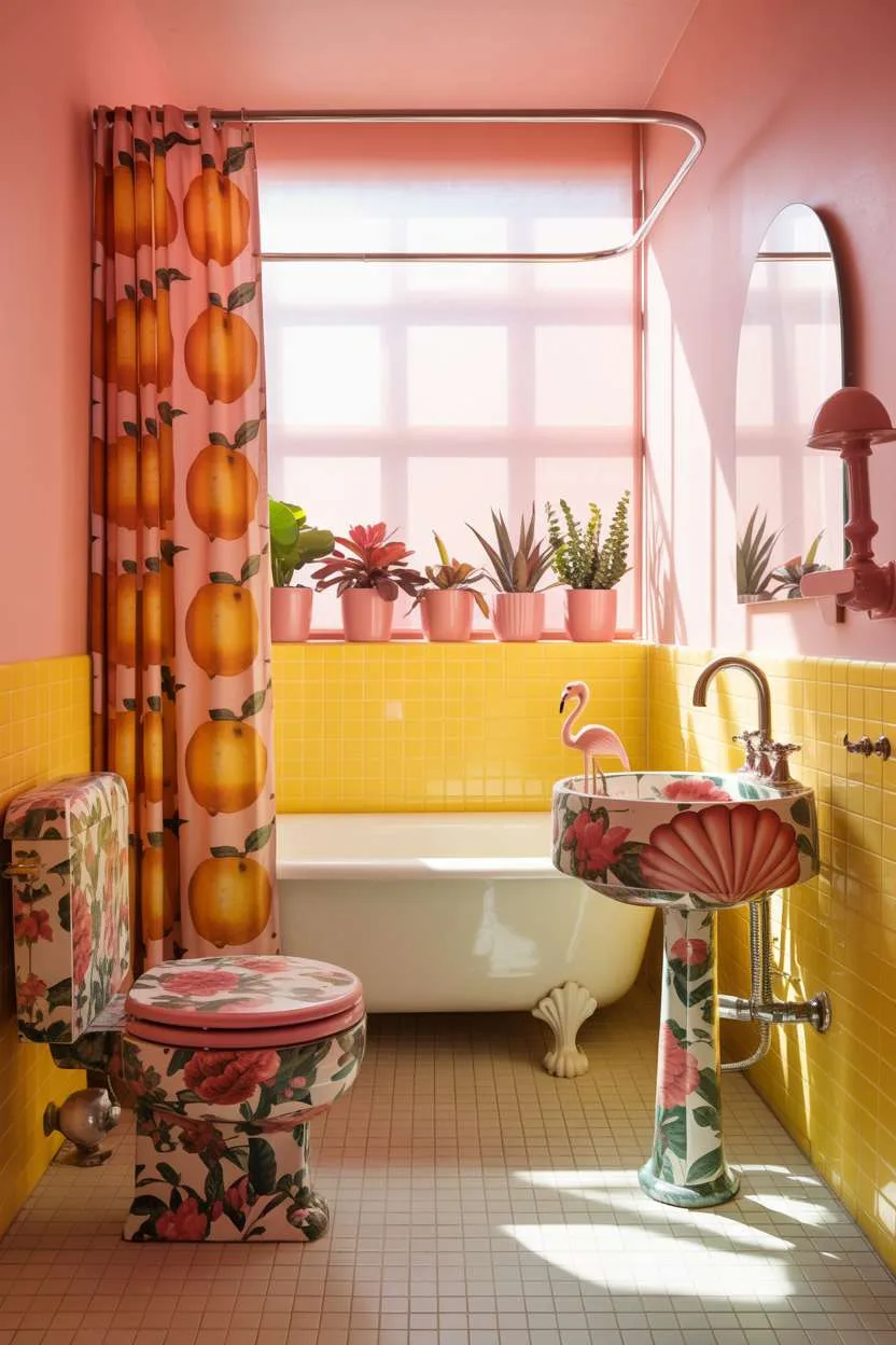 Bathroom with flamingo faucet and lemon shower curtain
