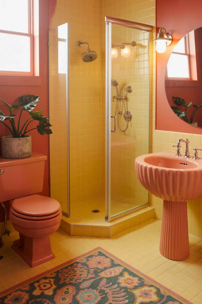 Bathroom with coral toilet and seashell-shaped sink