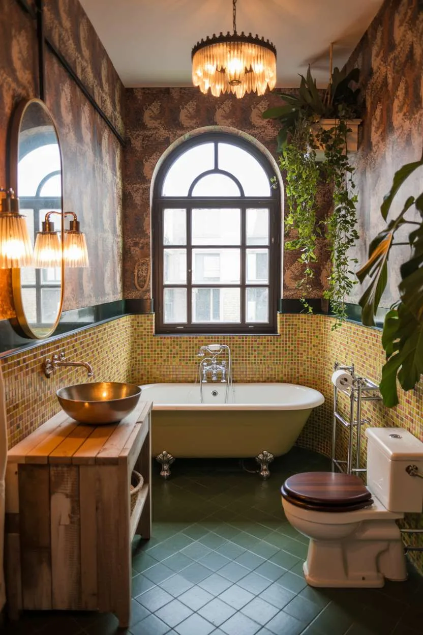 Clawfoot tub with mosaic surround and copper sink on reclaimed wood vanity