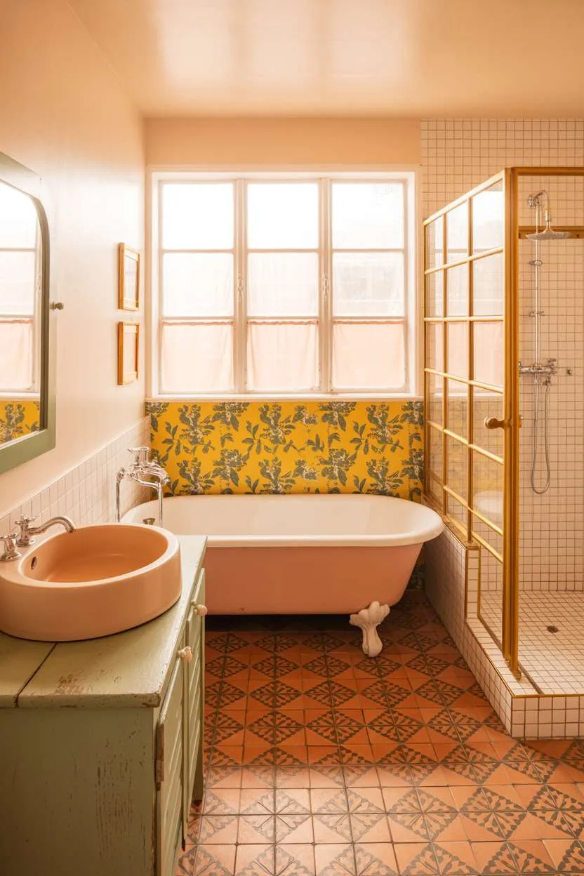 Clawfoot tub with yellow floral wallpaper and distressed wood vanity