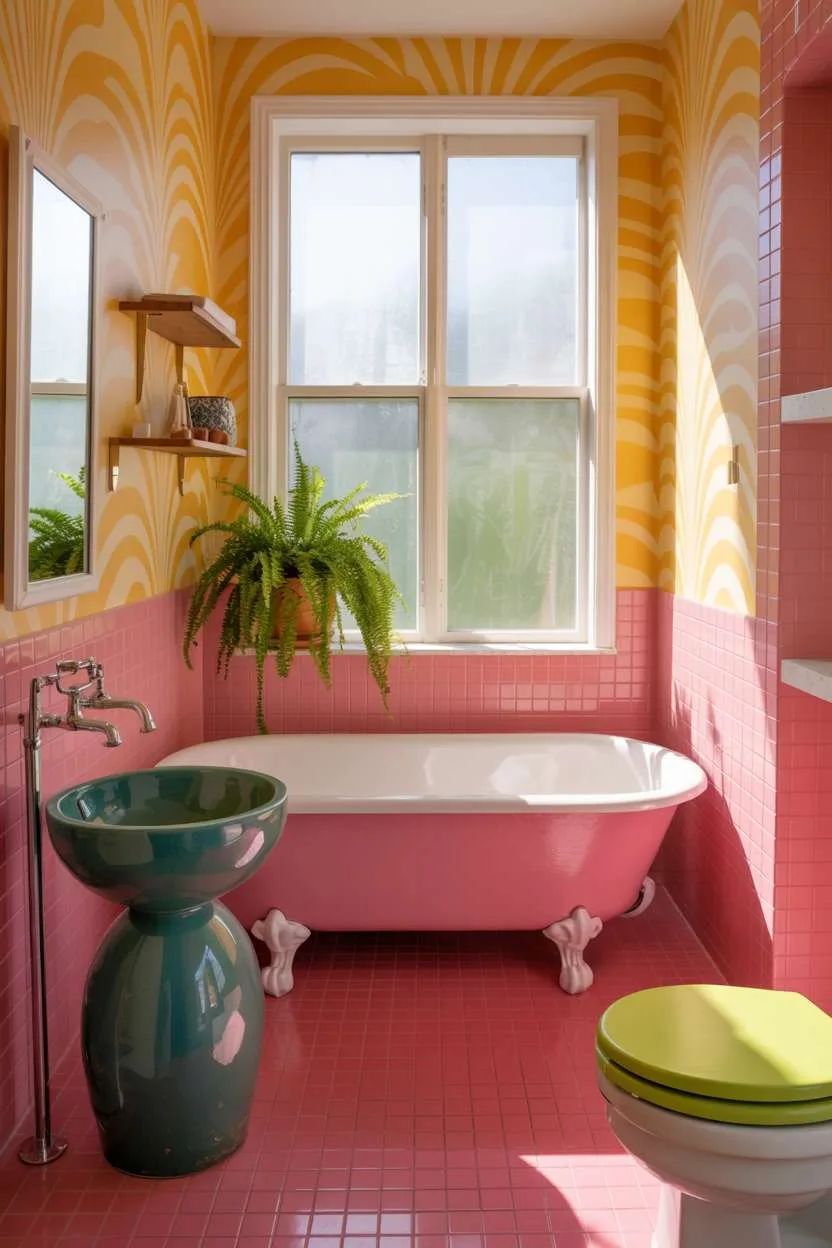 Bathroom with turquoise ceramic vessel sink and lime green toilet seat