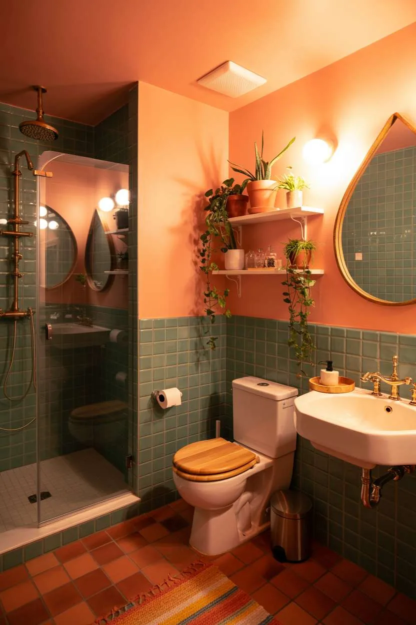 Bathroom with terracotta floor, teal shower tiles, and peach walls