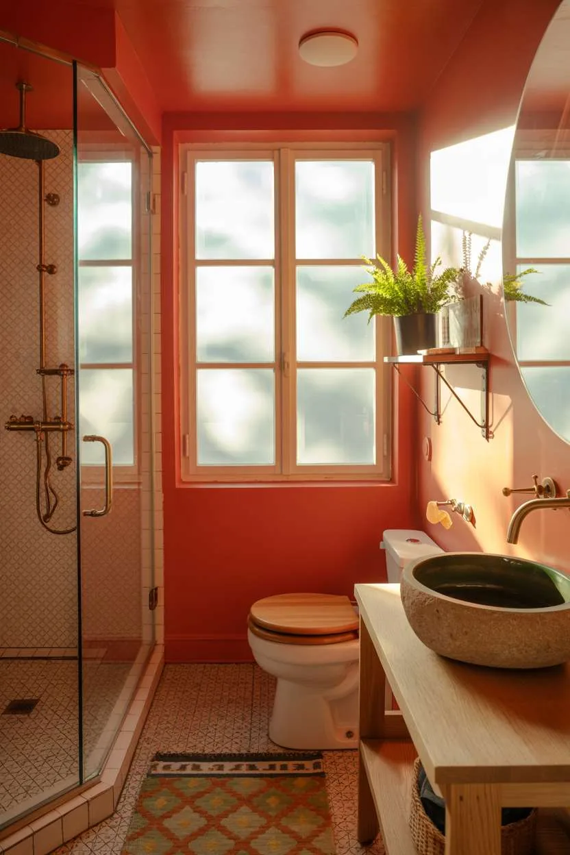Bathroom with stone sink, coral walls, and patterned tile shower