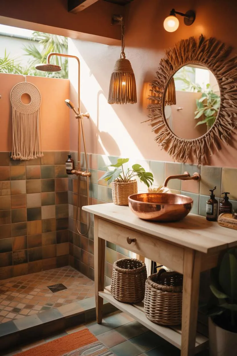 Rustic vanity with copper sink and terracotta tiles