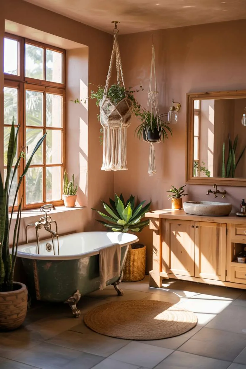 Clawfoot tub with woven rug, wood vanity, terracotta walls, and macrame plant hangers