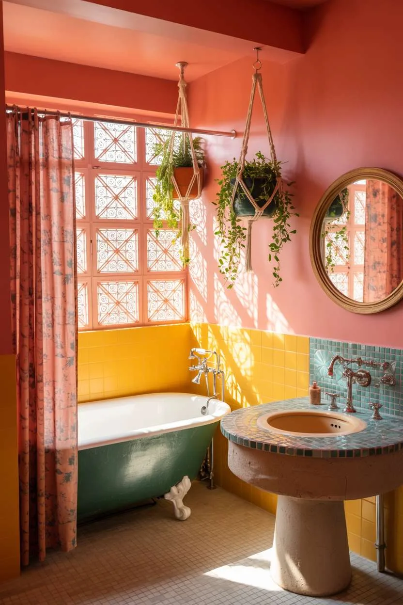 Clawfoot tub with floral curtain and mosaic sink