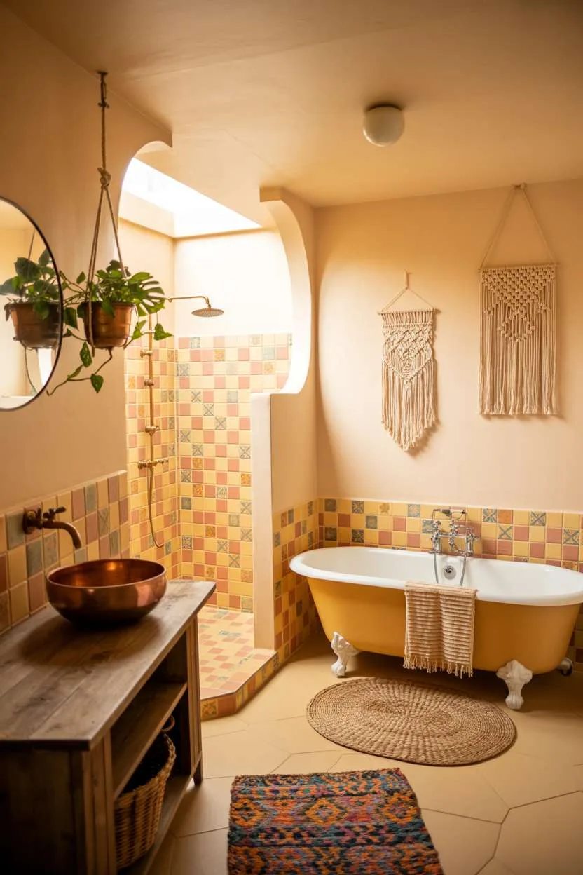 Clawfoot tub with rattan mat and colorful tiled shower