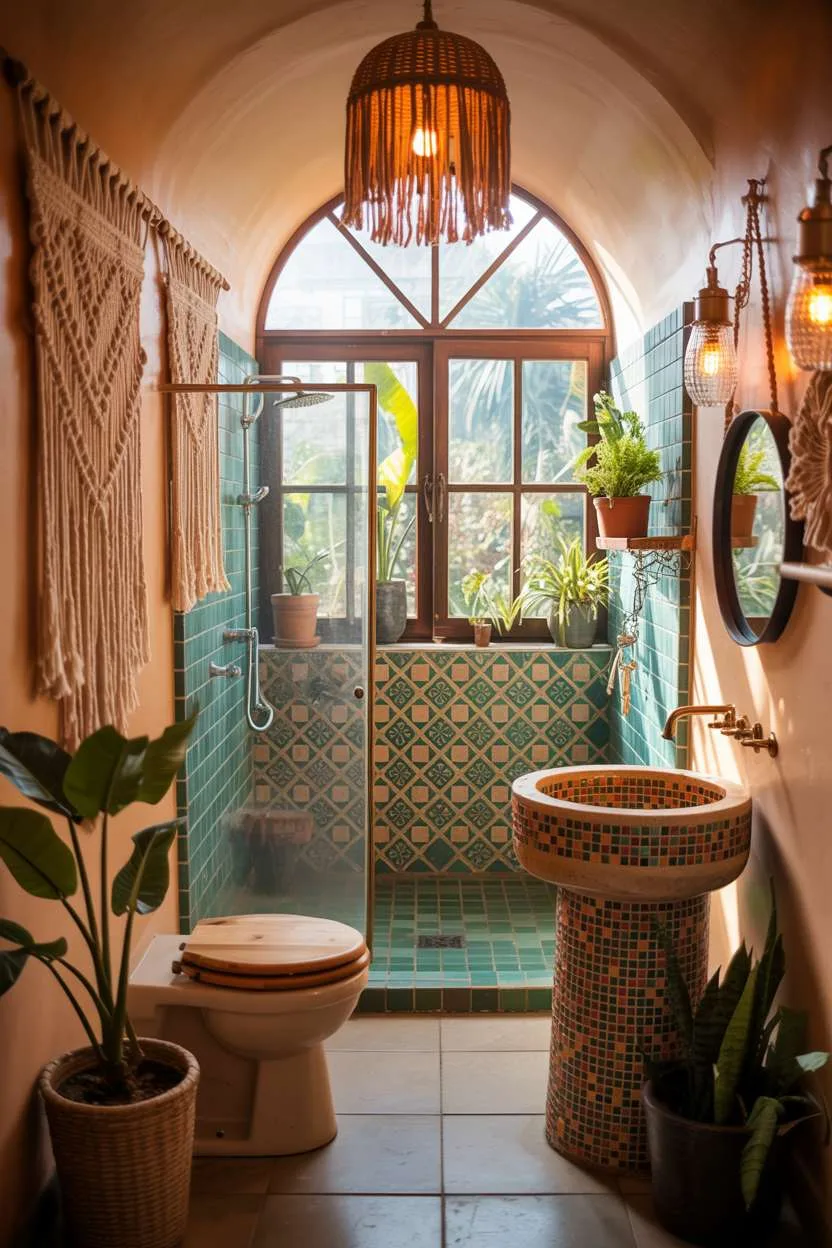 Bathroom with arched garden window and mosaic sink