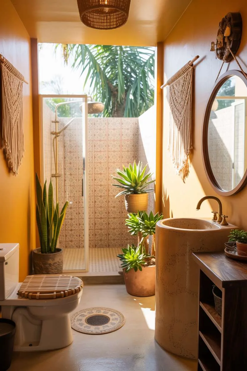 Bathroom with ochre walls, bamboo toilet seat, and terracotta shower tiles