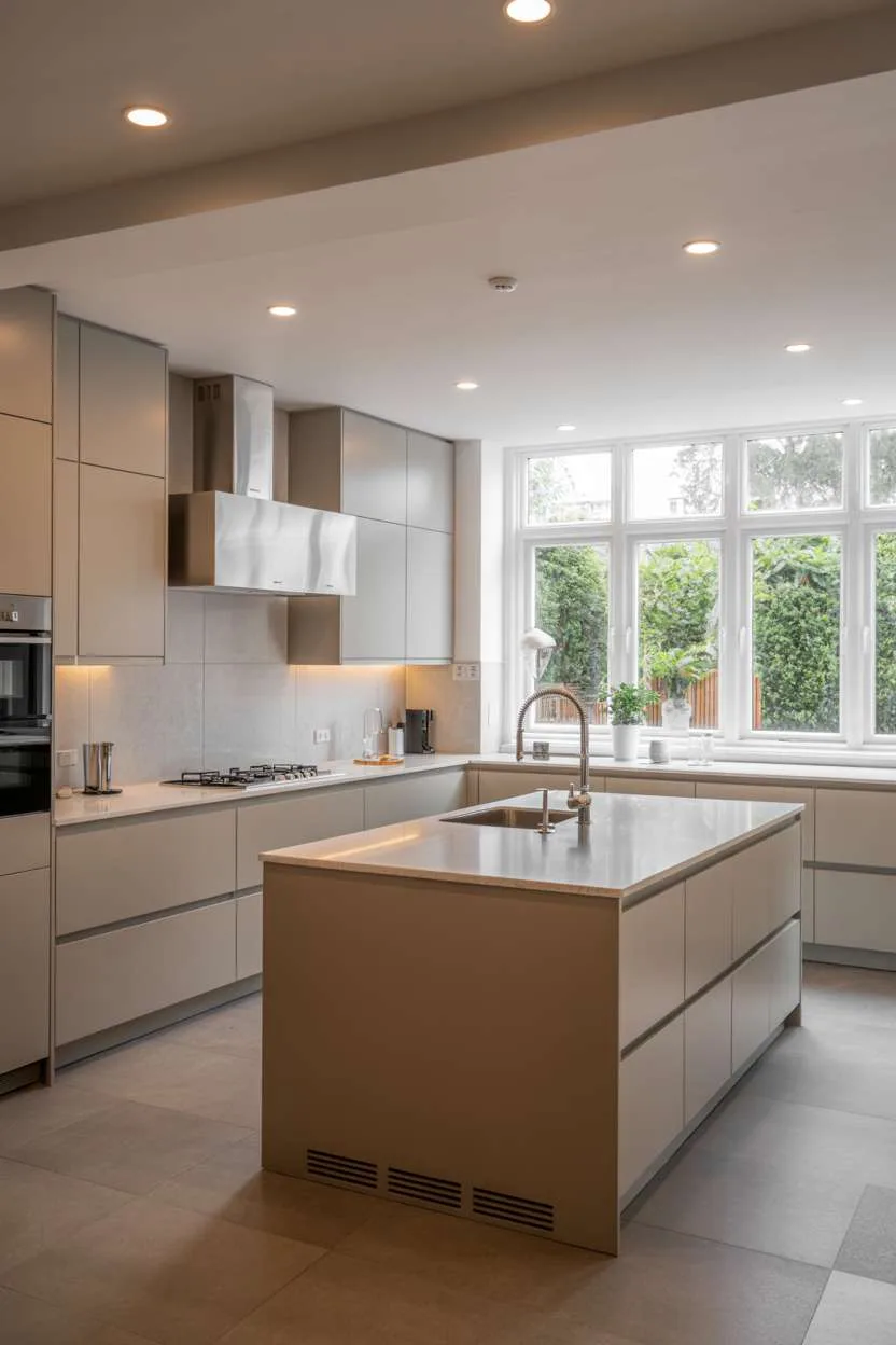 Complete modern kitchen with handleless grey cabinetry and white quartz island viewed from above