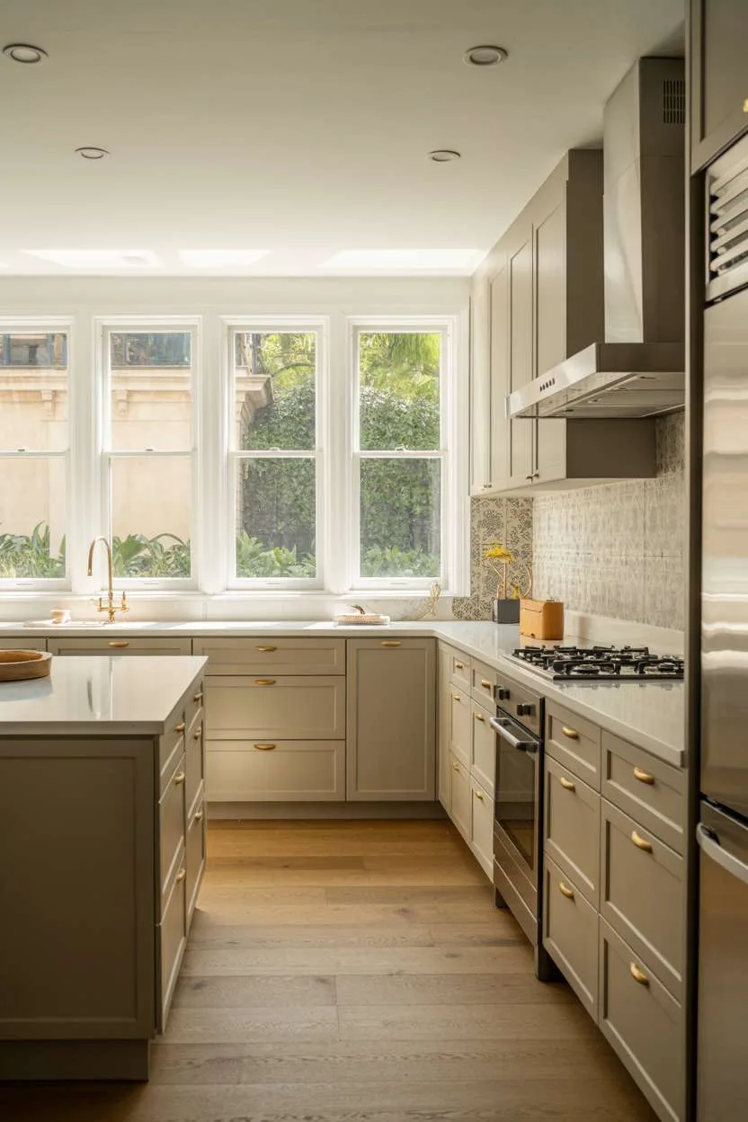 Modern elegant kitchen with matte gray cabinetry and patterned backsplash in natural light