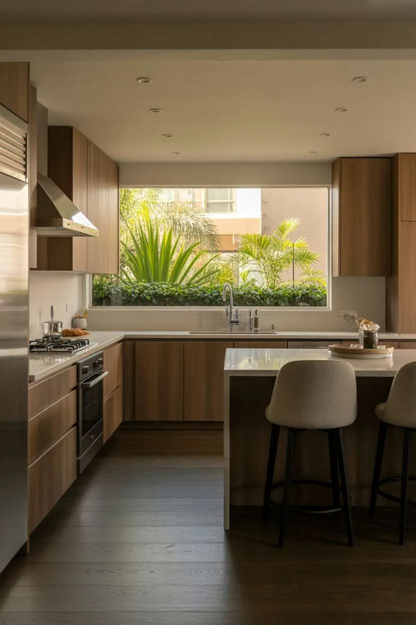 Contemporary kitchen with waterfall edge island and dark wood flooring