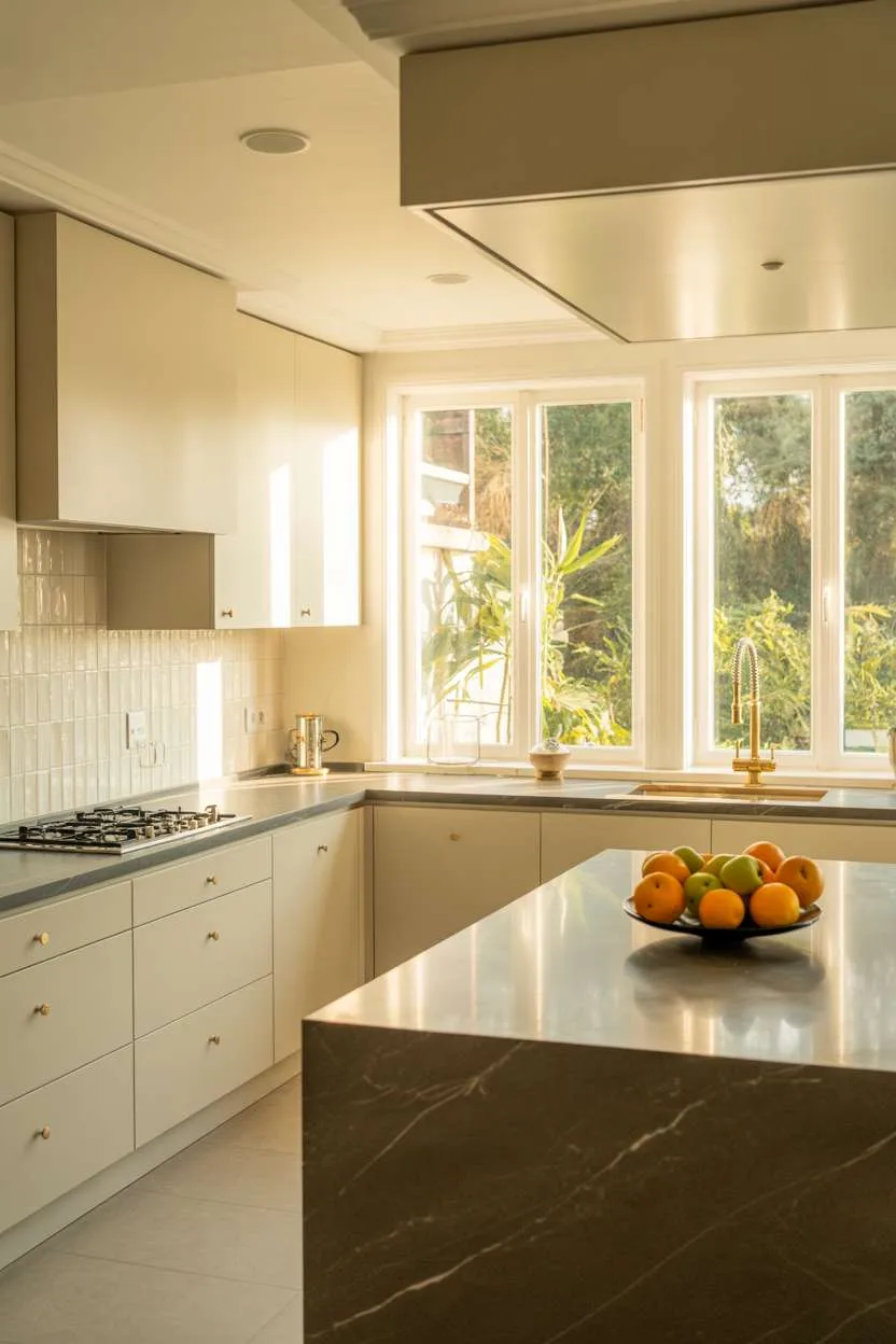 Elegant white kitchen with dark grey marble and textured cream tile backsplash