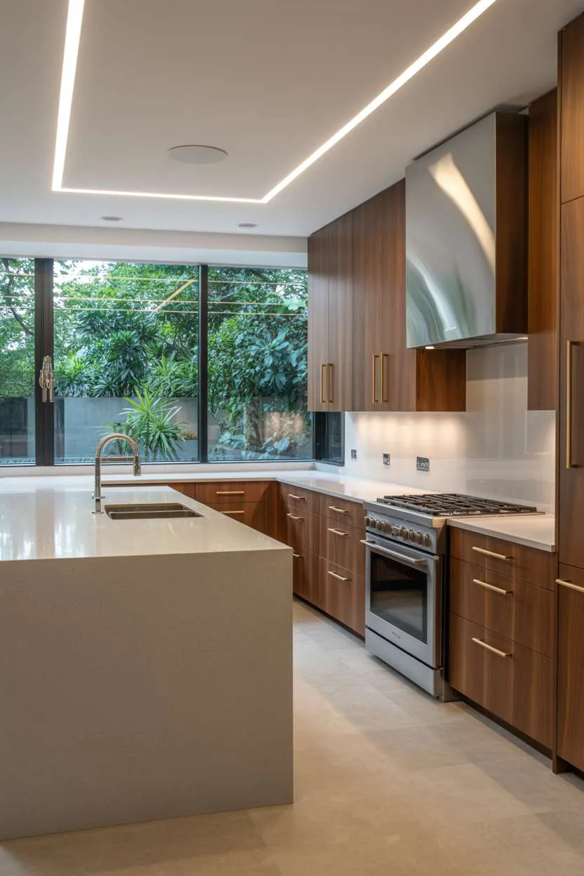 Sleek kitchen featuring walnut cabinetry with white quartz waterfall countertop
