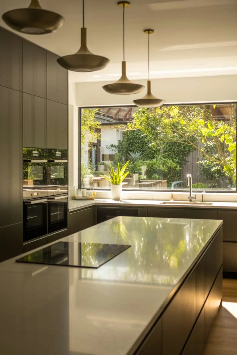 Pristine modern kitchen with white quartz waterfall island and brass pendant lights