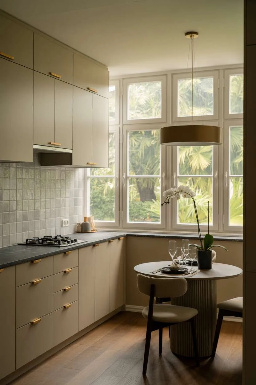 Small modern kitchen with white cabinets, marble counters, and round dining table