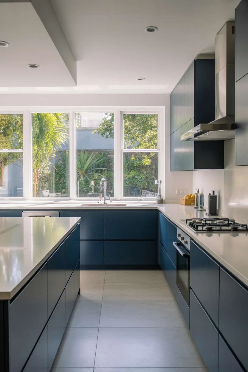 Modern kitchen with navy blue handleless cabinets and white quartz island