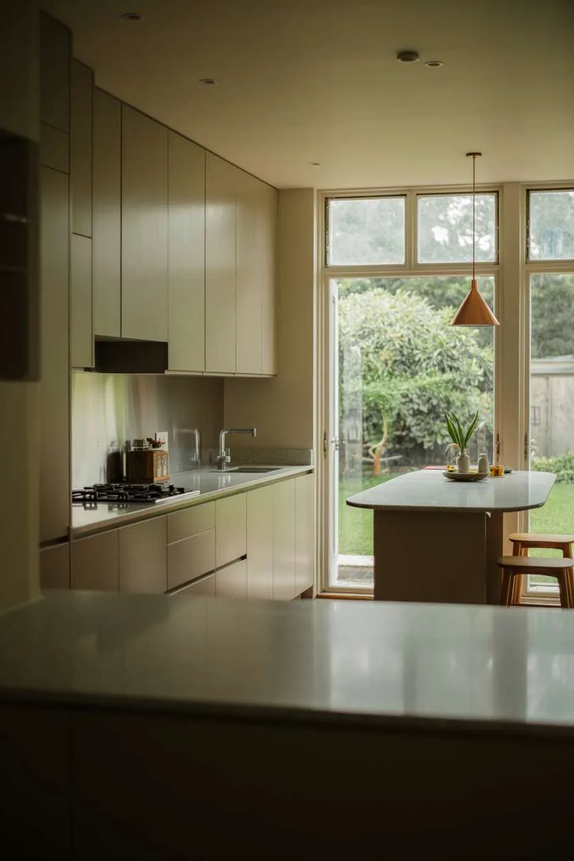 Compact kitchen with handleless gray cabinets and copper pendant light