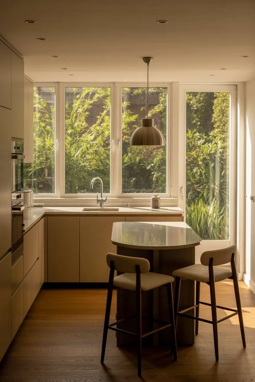 Small modern kitchen with warm gray cabinets and cream upholstered bar stools