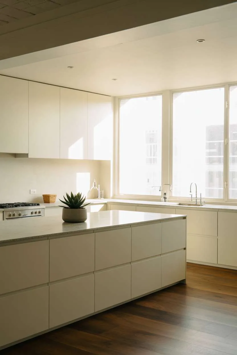Minimalist white kitchen with gray countertop and single succulent plant