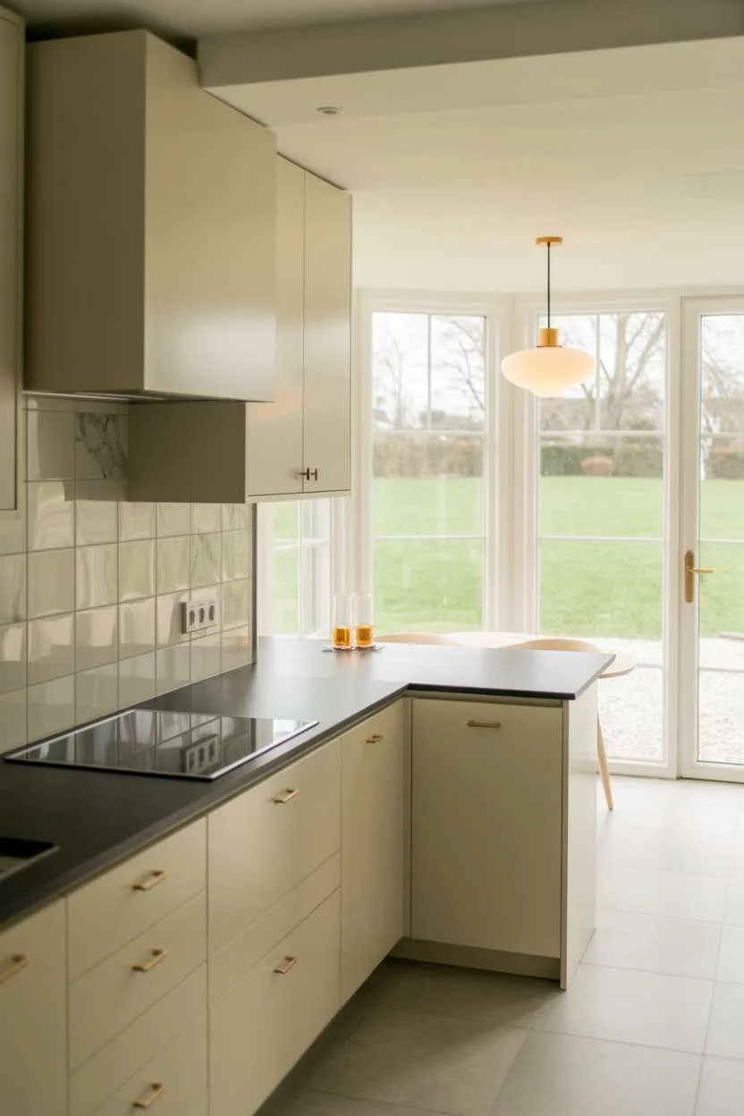 Small kitchen with white cabinets and marble-patterned porcelain backsplash