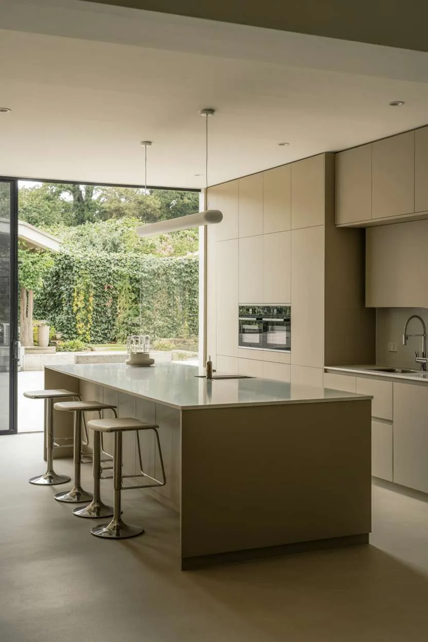 Minimalist kitchen with handleless gray cabinets and chrome bar stools