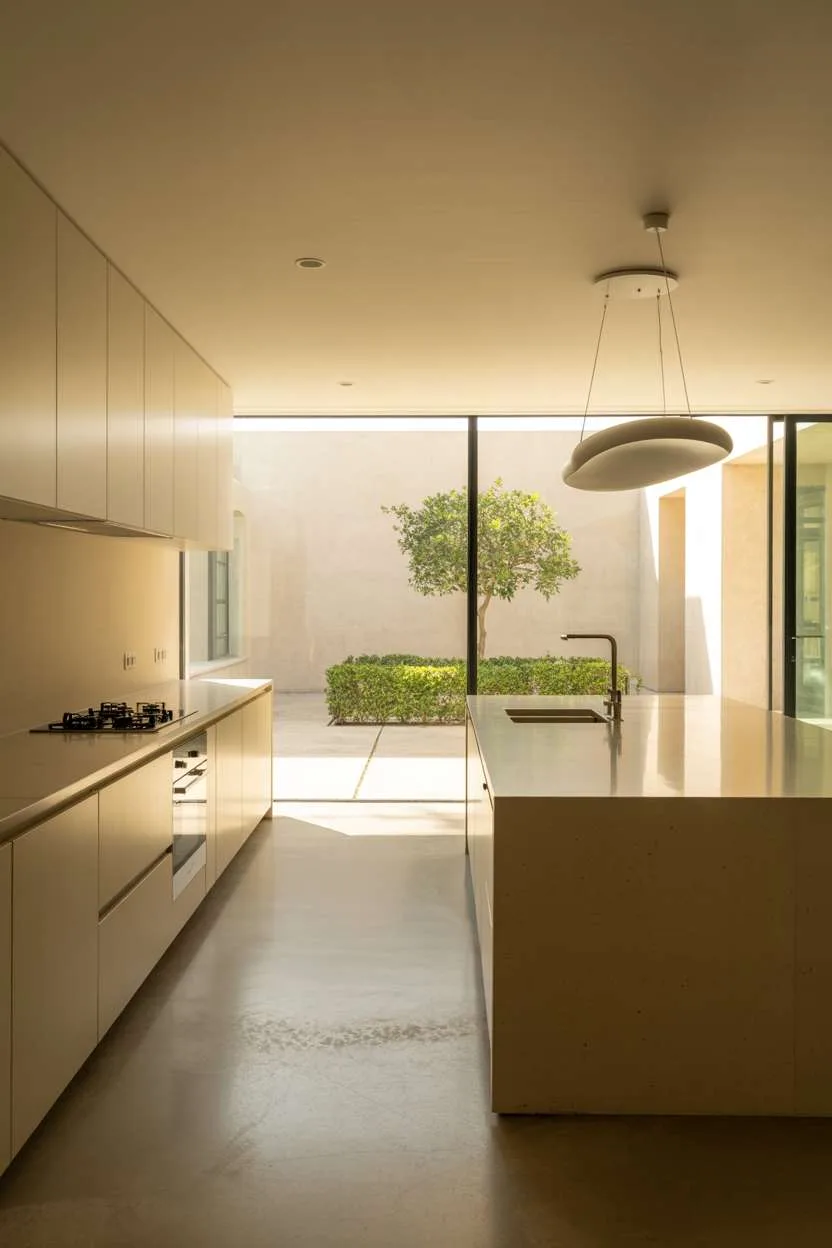 Modern white kitchen with pale grey quartz waterfall island and polished concrete floors