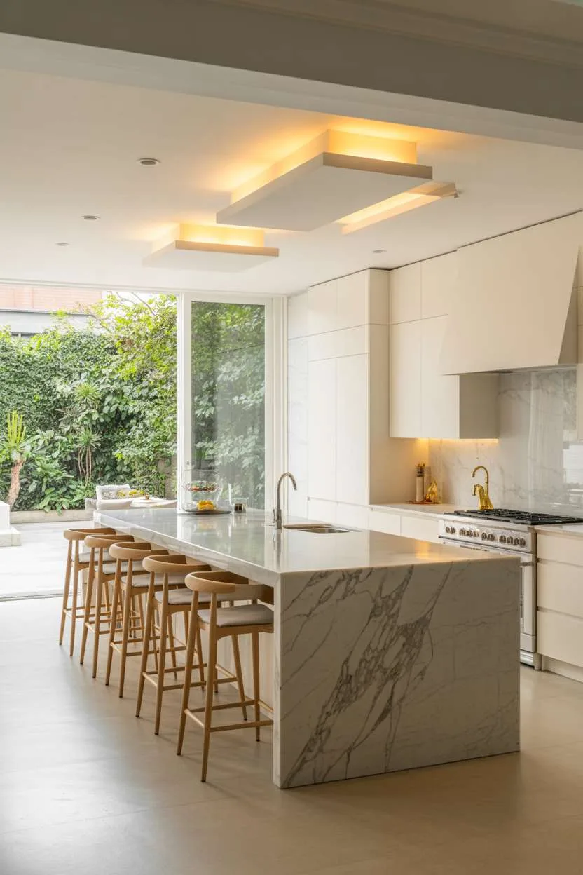 Elegant kitchen with white cabinets and Carrara marble island countertop