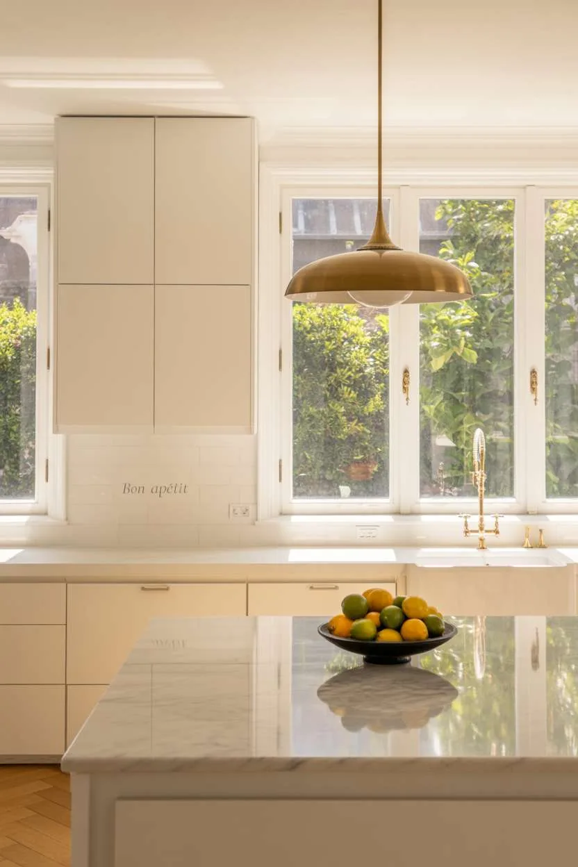 All-white kitchen with marble island, brass pendant, and bowl of colorful citrus