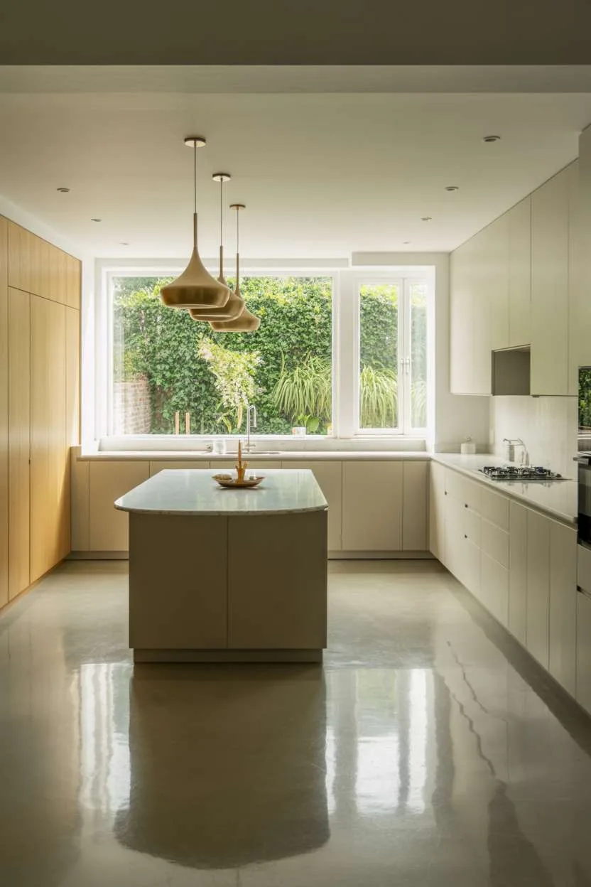Modern kitchen with three brushed gold pendant lights over waterfall quartz island