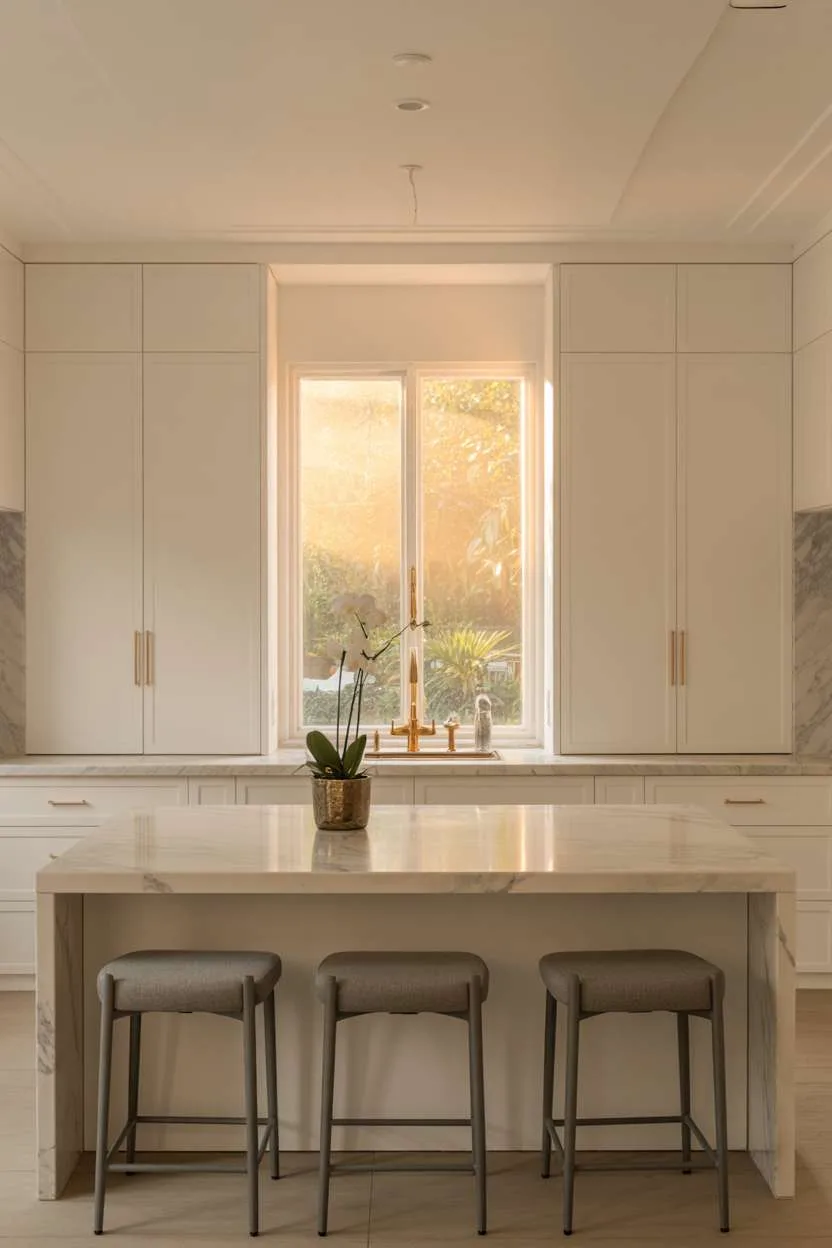 White kitchen with marble island and gray upholstered bar stools in afternoon sunlight