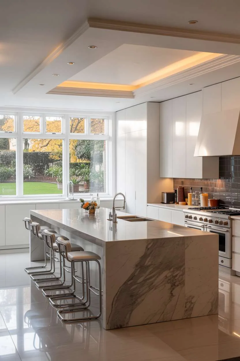 Modern white kitchen with marble waterfall island and chrome bar stools