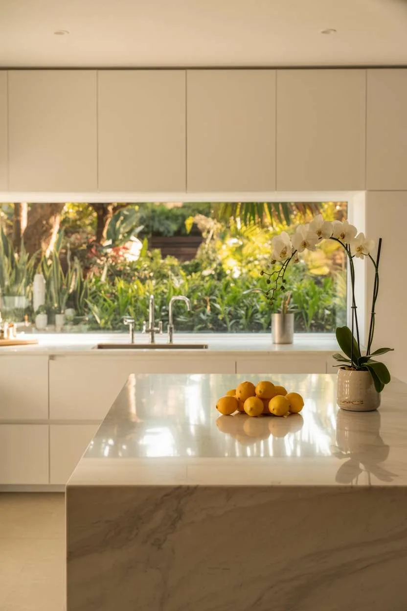 Minimalist white kitchen with marble island featuring lemons and an orchid