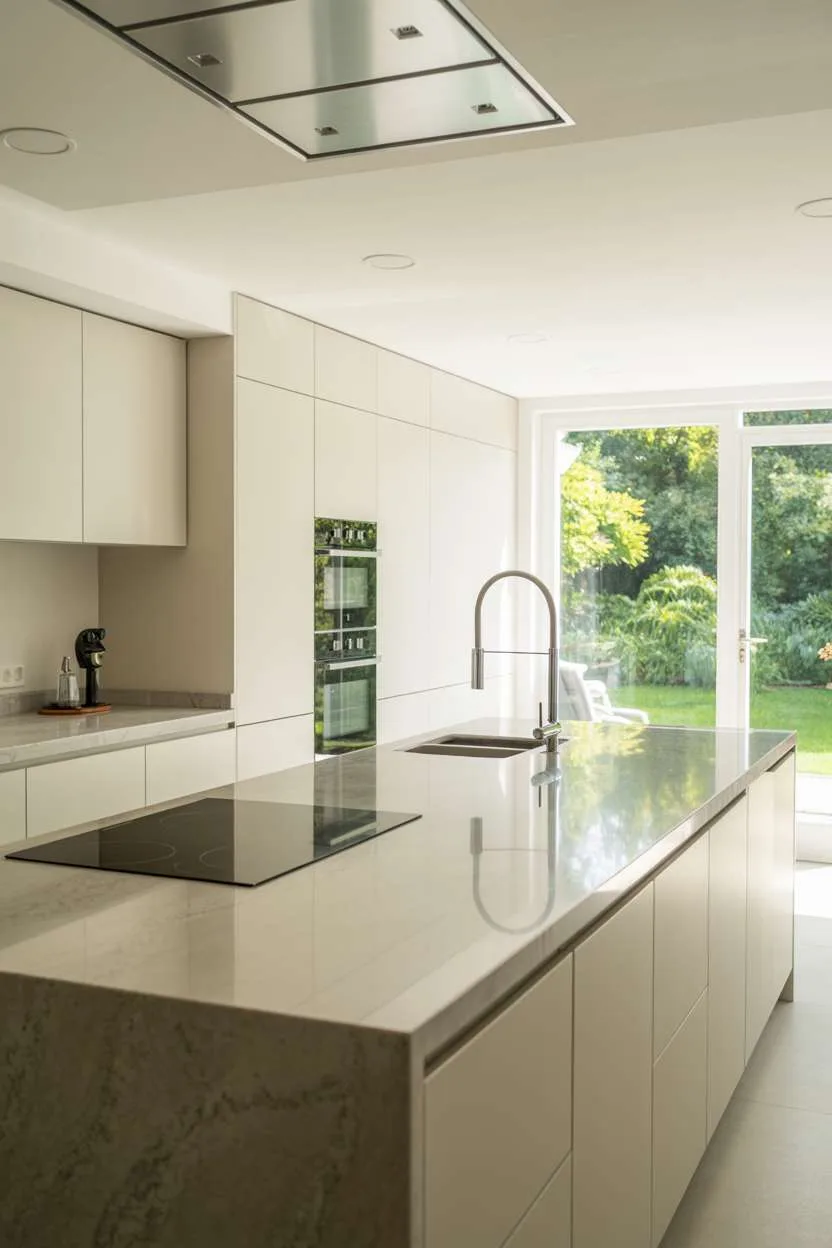 All-white kitchen with grey marble waterfall island and sleek gooseneck faucet