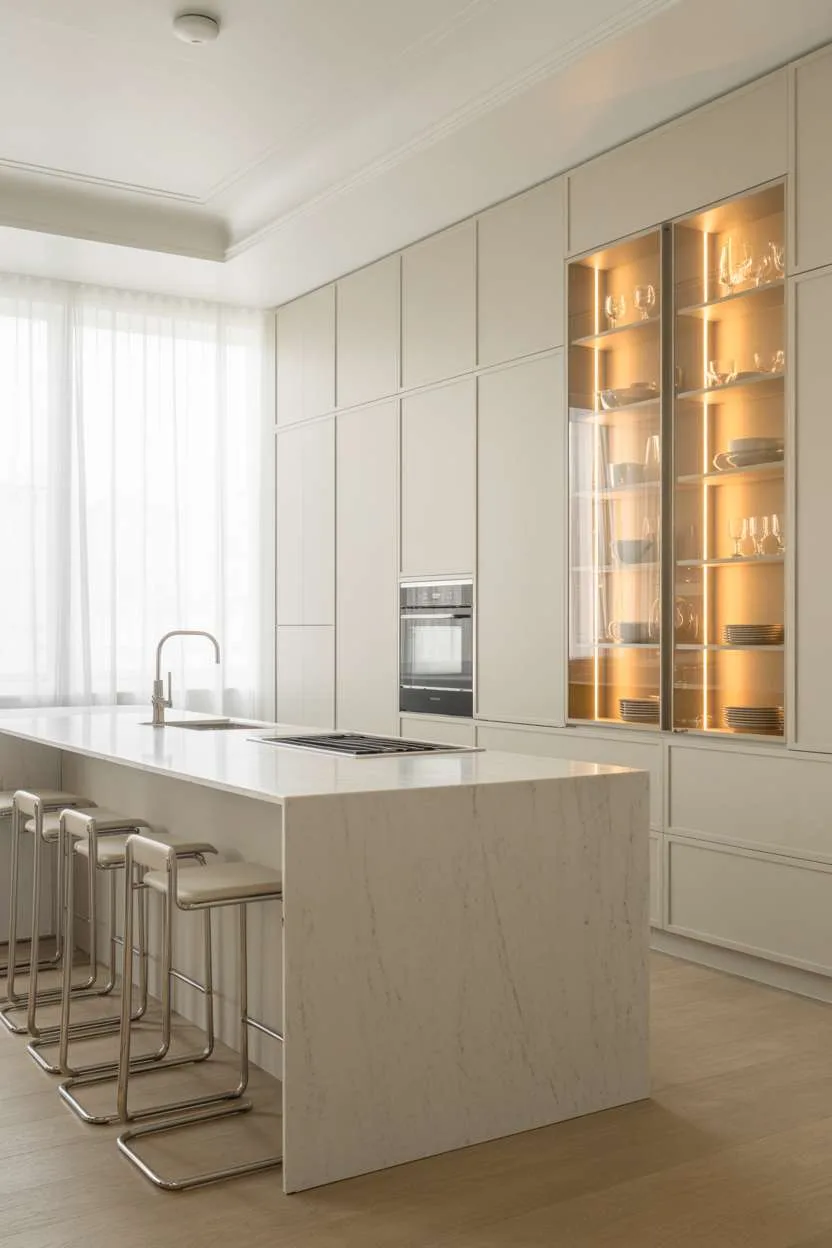 Modern kitchen with marble island and full-wall storage with glass-front display cabinets