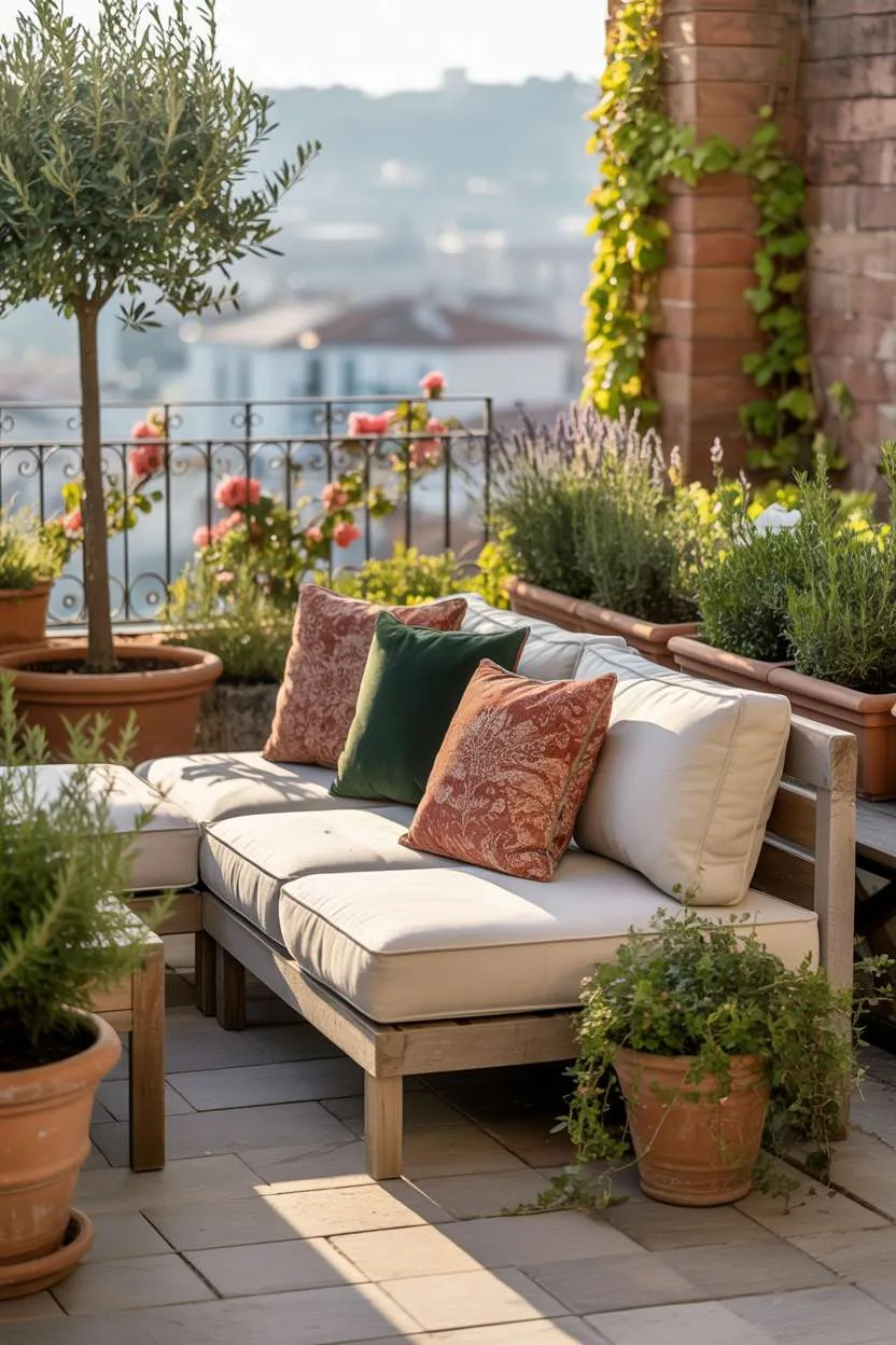 White sectional sofa with green and terracotta cushions surrounded by olive trees, lavender, and ivy on a gray stone terrace