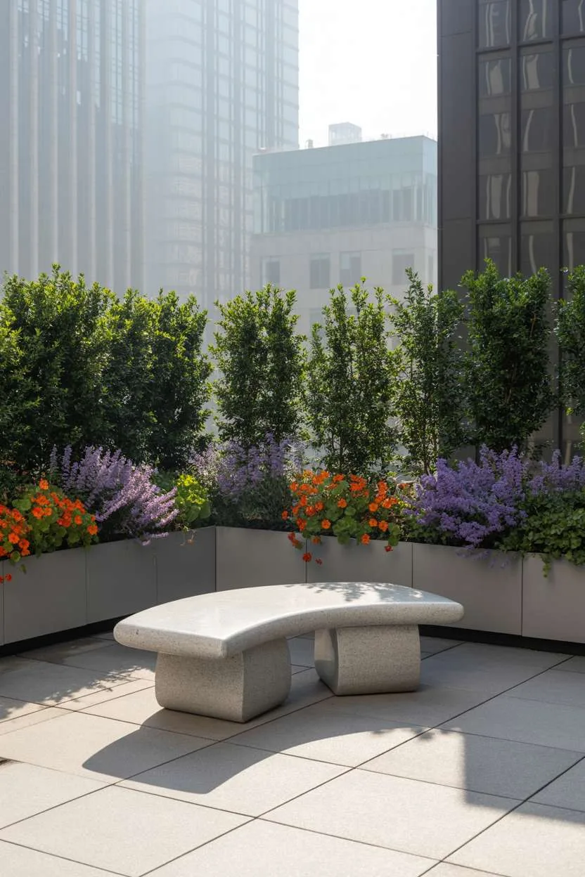 Curved gray granite bench surrounded by boxwood hedges, purple lavender, and orange nasturtiums in white planters