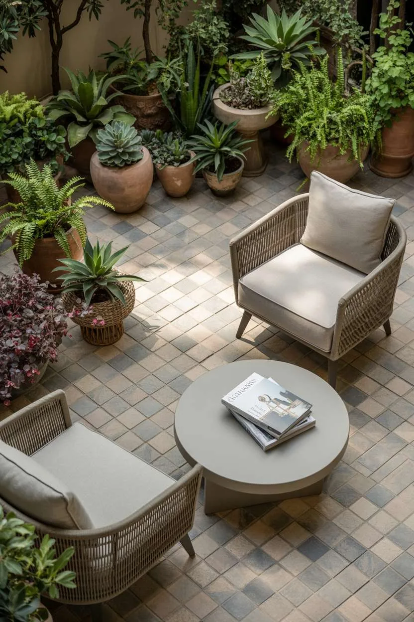 Oversized woven armchair with cushions near modern coffee table, surrounded by grouped plants of varying sizes on patterned stone