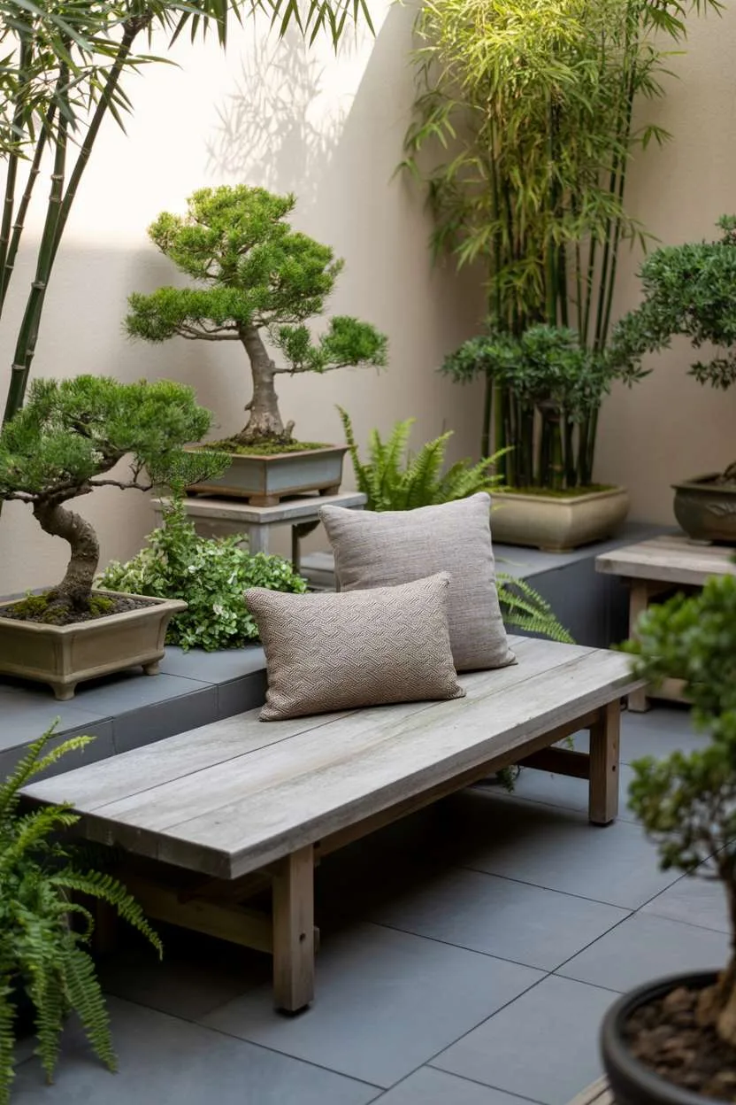 Weathered wooden bench with linen cushions surrounded by bonsai trees, ferns, and bamboo stalks on gray paving