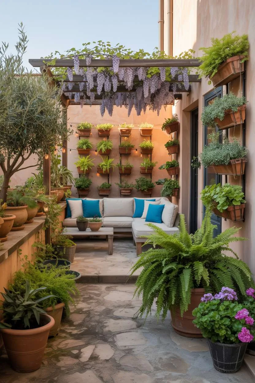 Sectional sofa with turquoise cushions under wisteria-covered pergola, surrounded by terracotta pots and vertical planters with string lights