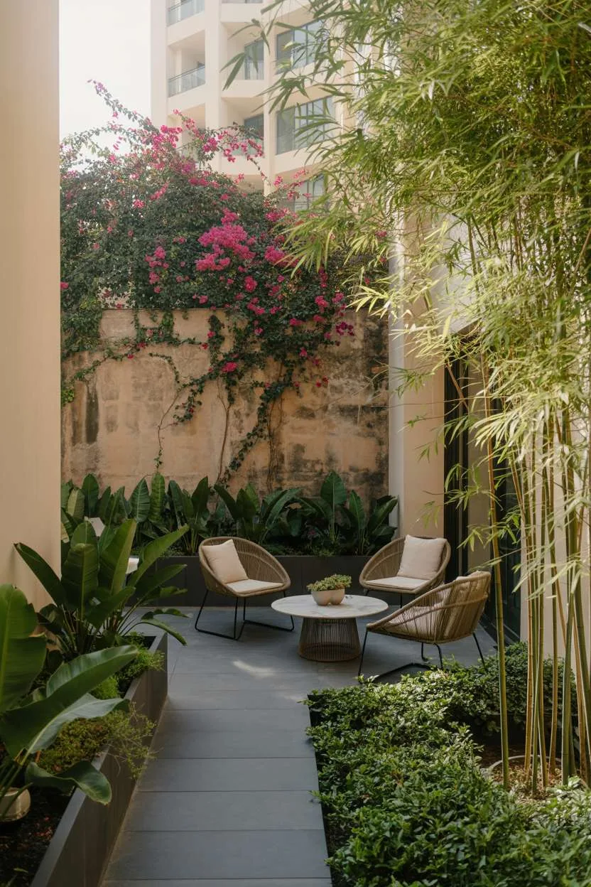 Dark gray stone pathway leading to rattan seating area with bougainvillea cascading over brick wall and bamboo privacy screens